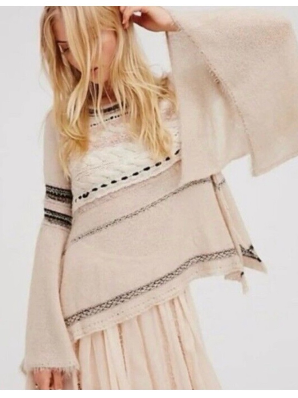 Free People Cable & Contrast Trim Scoop-Neck Sweater - Cream & Black